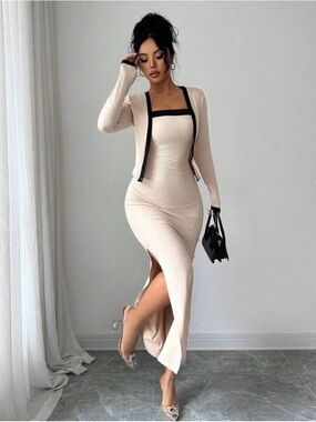 Elegant Two-Piece Beige Maxi Dress with Black Trim